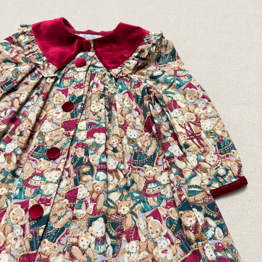 80s 90s Kids Toddler Vintage Teddy Bear AOP Christmas Pattern Velvet Round Collar Dress / 24m 2T dress