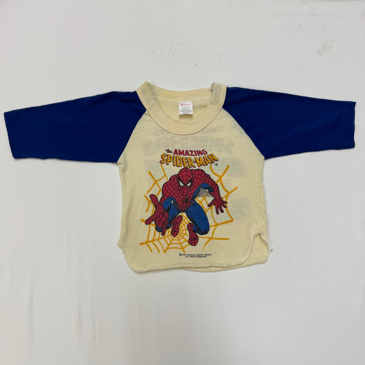 1977 Kids Baby Vintage Marvel The Amazing Spiderman Double Sided Raglan Light Yellow 3/4 Sleeve Single Stitch T-Shirt 2T 3T Made in USA
