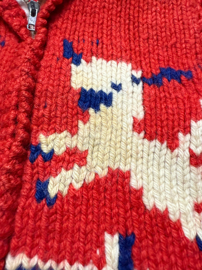 50s 60s Kids Toddler Vintage Lamb Emboridered Red Flash Zipper Shawl Collar Cowichan Sweater / 4T 5y 6y