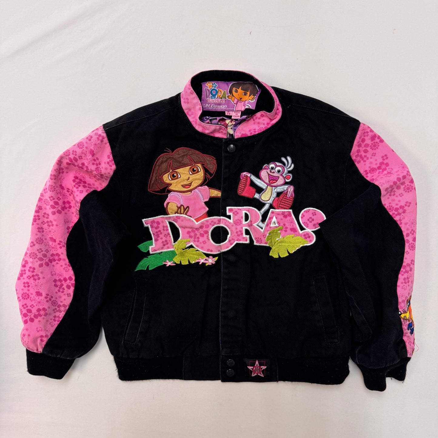 Kids DORA Racing Snap Pink and Black Jacket M 7Y 8Y