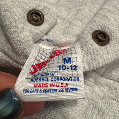 90s Kids Russell Light Gray Hooded Pullover Sweatshirt Hershey Big Logo M 10Y 11Y 12Y Made is USA