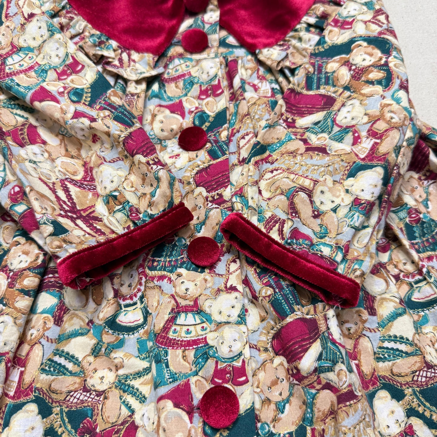 80s 90s Kids Toddler Vintage Teddy Bear AOP Christmas Pattern Velvet Round Collar Dress / 24m 2T   dress