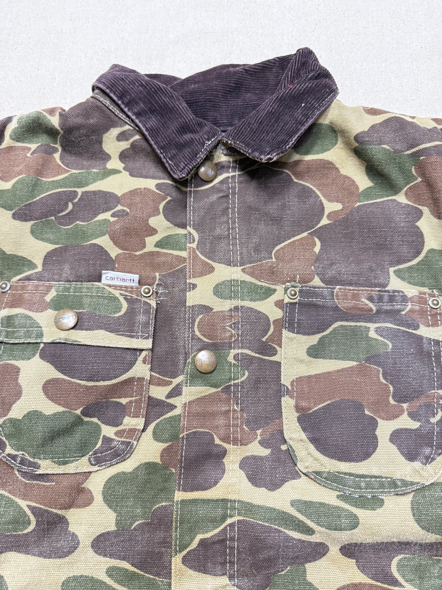 80s Kids Youth Vintage Carhartt Rare Duck Hunting Camo Corduroy Collar Quilt Lined Jacket / 7y 8y 9y