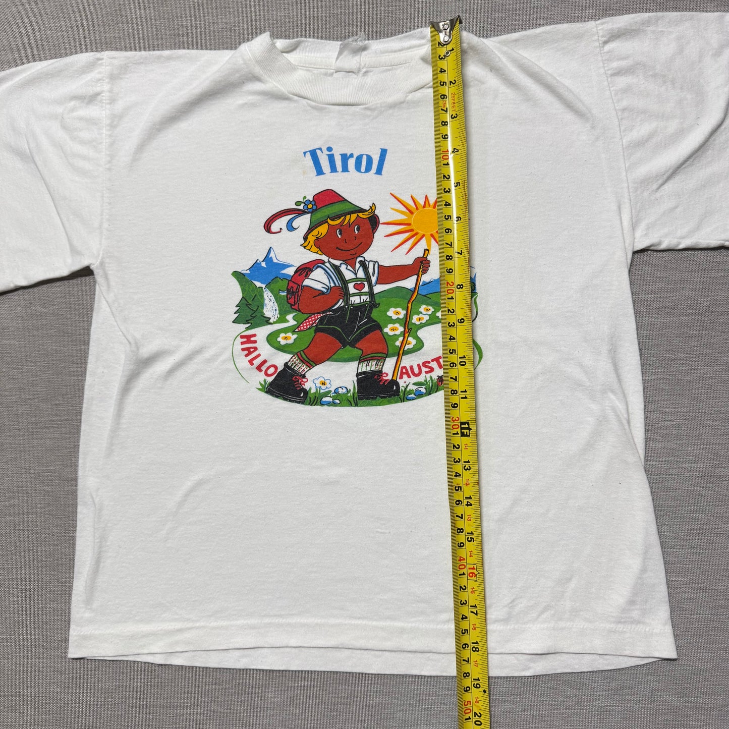 70s Kids Vintage Tirol Hallo Austria Kid Yodeller Print White Single Stitch Short Sleeve T-Shirt 7Y 8Y 9Y Baby Tee XS Adult