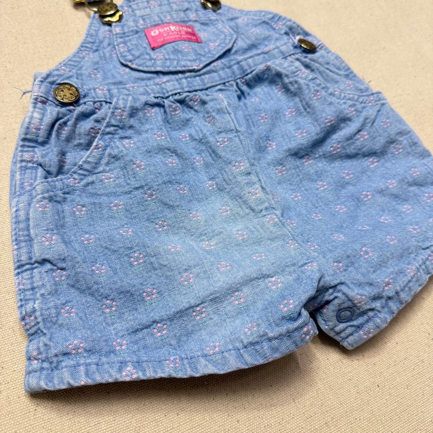 90s Kids Infant Baby Vintage Oshkosh Bgosh Flower AOP Denim Shortall / 0m 3m 6m