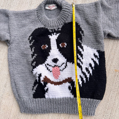 Kids Vintage Hand Knit Dog Front/Back Gray Pullover Sweater 6Y 7Y 8Y