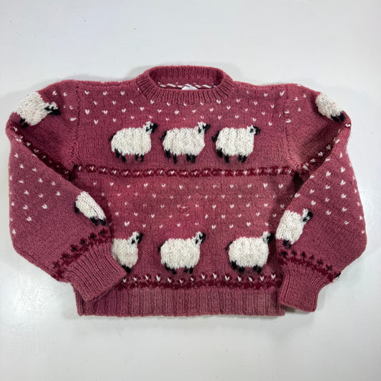 Kids Toddler Vintage Hand Knit Beautiful Maroon Pullover Sweater With Puff Shoulder AOP Sheep r 4Y 5Y 6Y