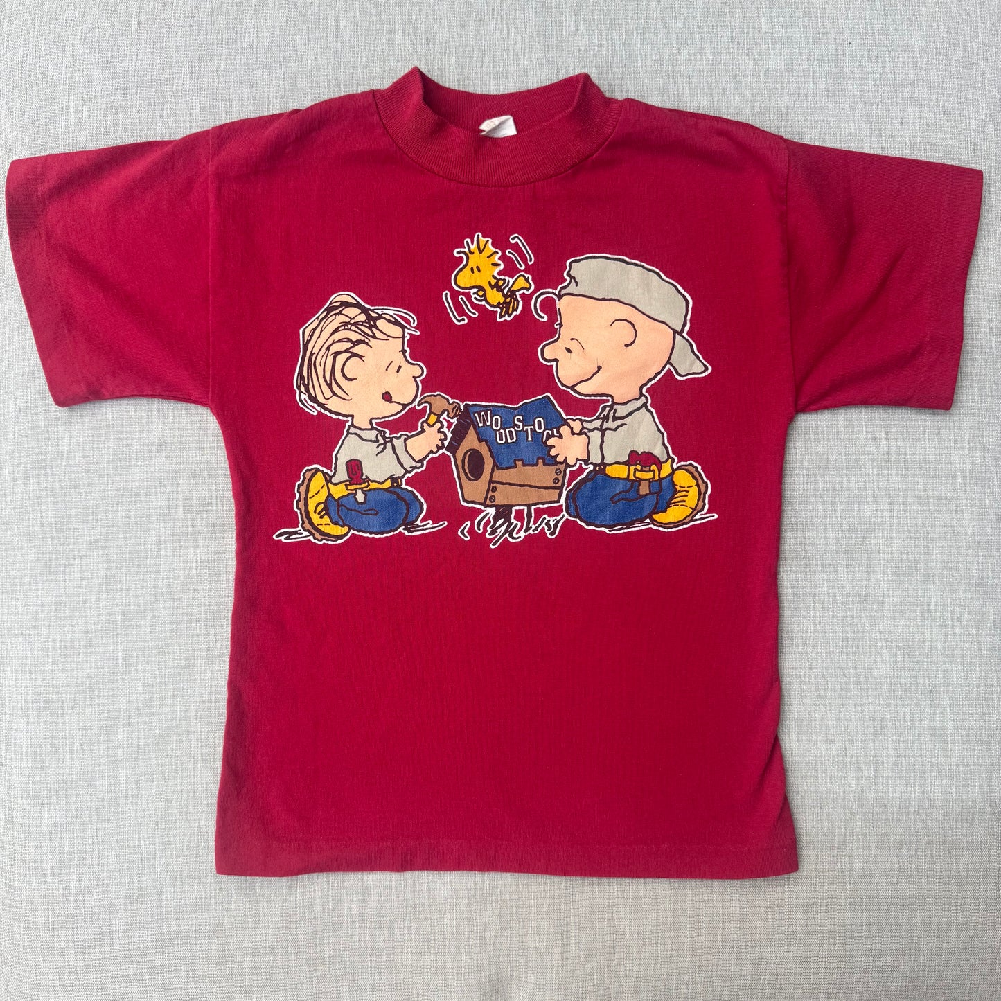 80s 90s Kids Vintage Peanuts Charlie Brown & Linus Woodstock Mauve/Burgundy Short Single Stitch T-Shirt 7Y Made in USA