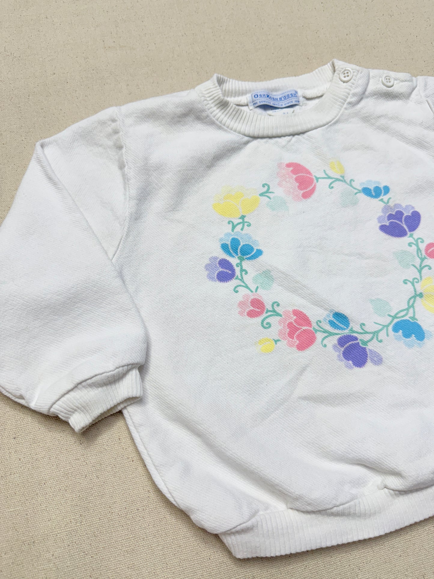 80s 90s Kids Toddler Vintage Oshkosh Bgosh Flawer Print White Longsleeve Cotton Top / 2T 3T / Made in USA