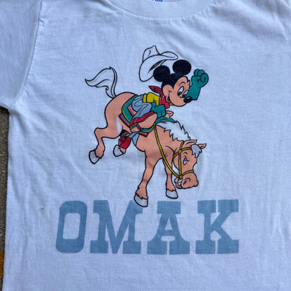 80s 90s Kids Mickey Cowboy Omak Single Stitch White T-Shirt M 10-12T Baby Tee Made In USA