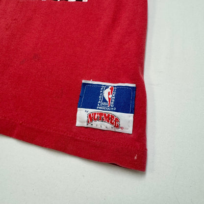 Early 90s Kids Teen Vintage Nutmeg NBA Chicago Bulls AOP Michael Jordan 23 Red Single Stitch Short Sleeve T-Shirt M 12-14Y Made in USA