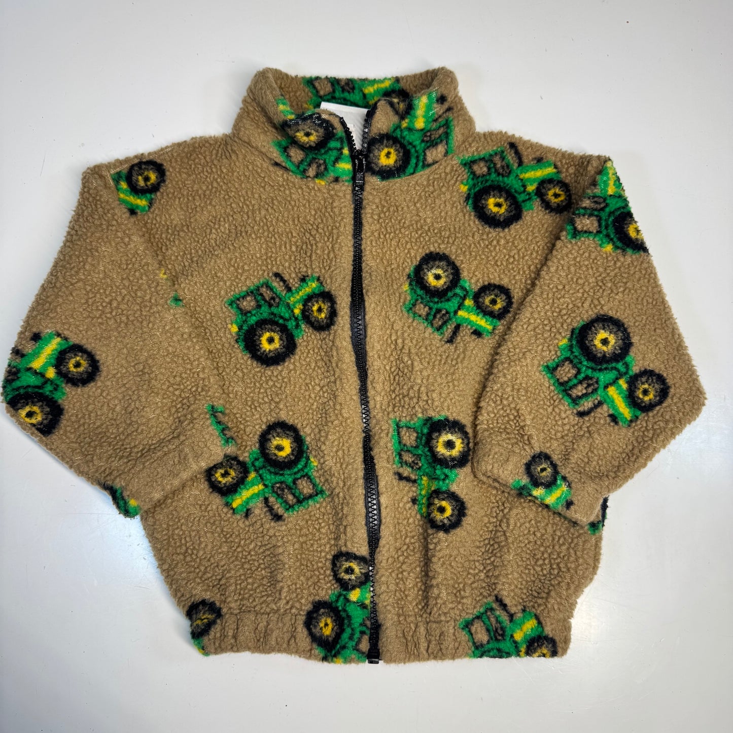 90s 2000s Kids Toddler Vintage Beige Khaki Deep Pile Zip Fleece Tractor AOP With Pockets Made in USA 3T