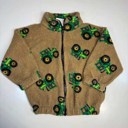 90s 2000s Kids Toddler Vintage Beige Khaki Deep Pile Zip Fleece Tractor AOP With Pockets Made in USA 3T