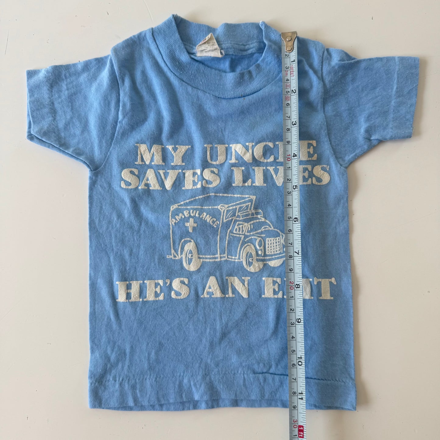 80s Kids Infant Baby Vintage Tee My Uncle Saves Lives, He’s An EMT Single Stitch Short Sleeve T-Shirt 2T Made in USA