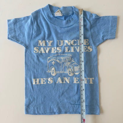 80s Kids Infant Baby Vintage Tee My Uncle Saves Lives, He’s An EMT Single Stitch Short Sleeve T-Shirt 2T Made in USA