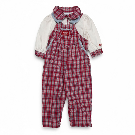 90s Kids Toddler Infant Vintage Baby B’Gosh Oshkosh 2 Piece Set Plaid Overall With Matching White Ruffle Long Sleeve /2T / Made in USA