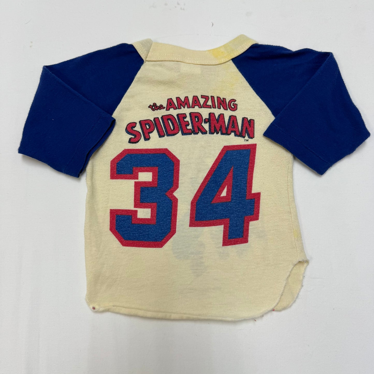 1977 Kids Baby Vintage Marvel The Amazing Spiderman Double Sided Raglan Light Yellow 3/4 Sleeve Single Stitch T-Shirt 2T 3T Made in USA