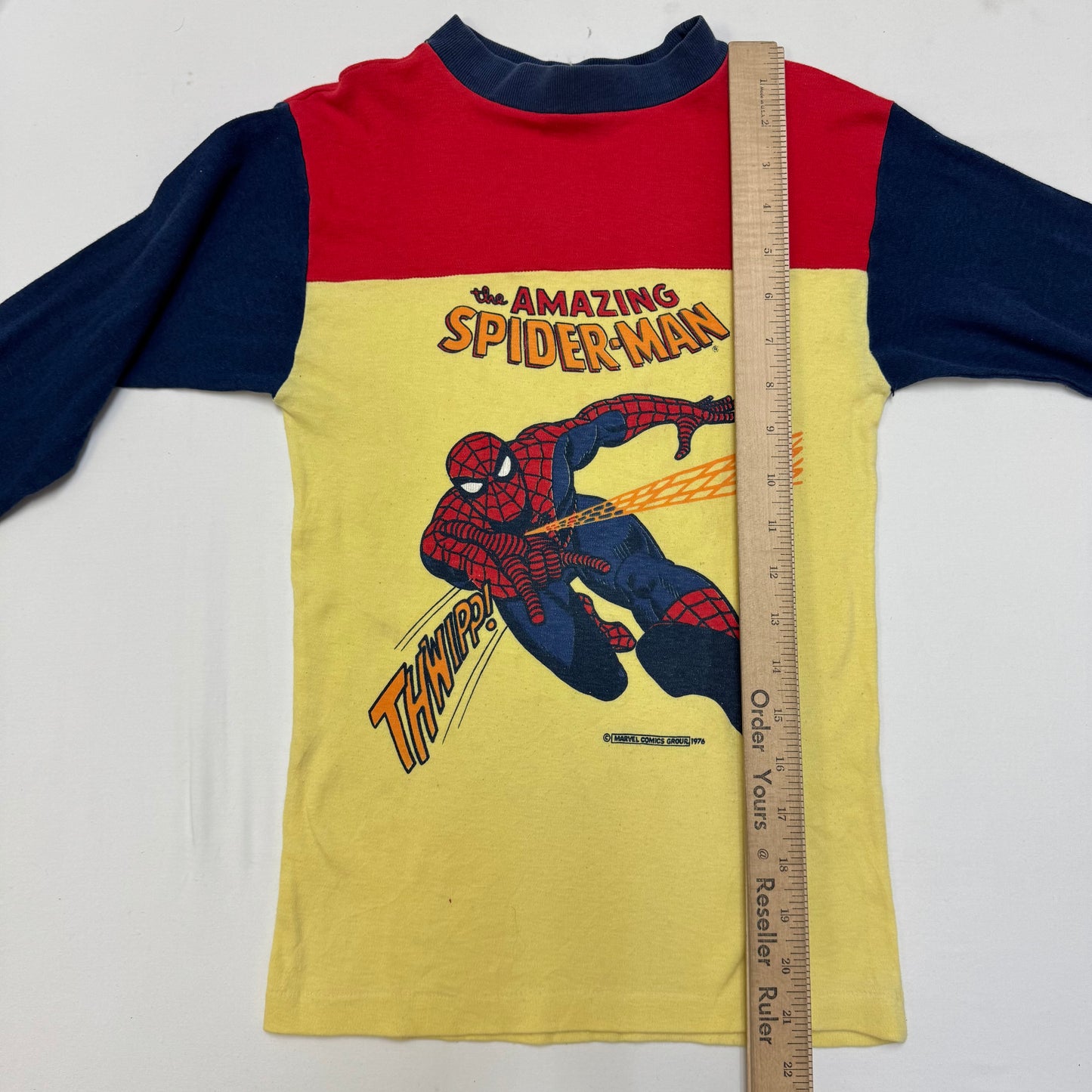 70s Kids Vintage The Amazing Spider-Man 3 Colour Long Sleeve  Yellow Red Navy Shirt 10Y 11Y 12Y