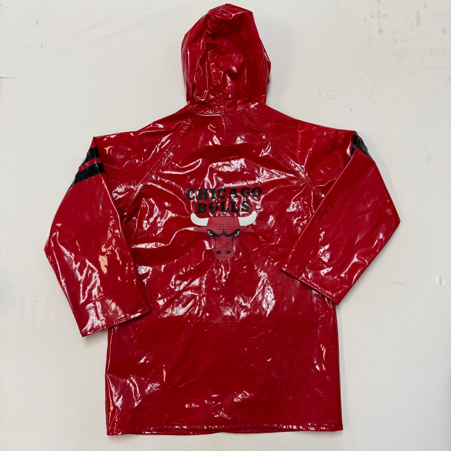 90s Kids Vintage Red NBA Chicago Bulls Hooded Rain Long Coat With Pockets 5Y 6Y