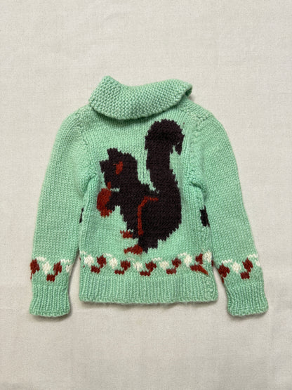 50s 60s Kids Toddler Vintage Mint Green Squirrel Lightning Zipper Cowichan Sweater / 3T 4T 5T