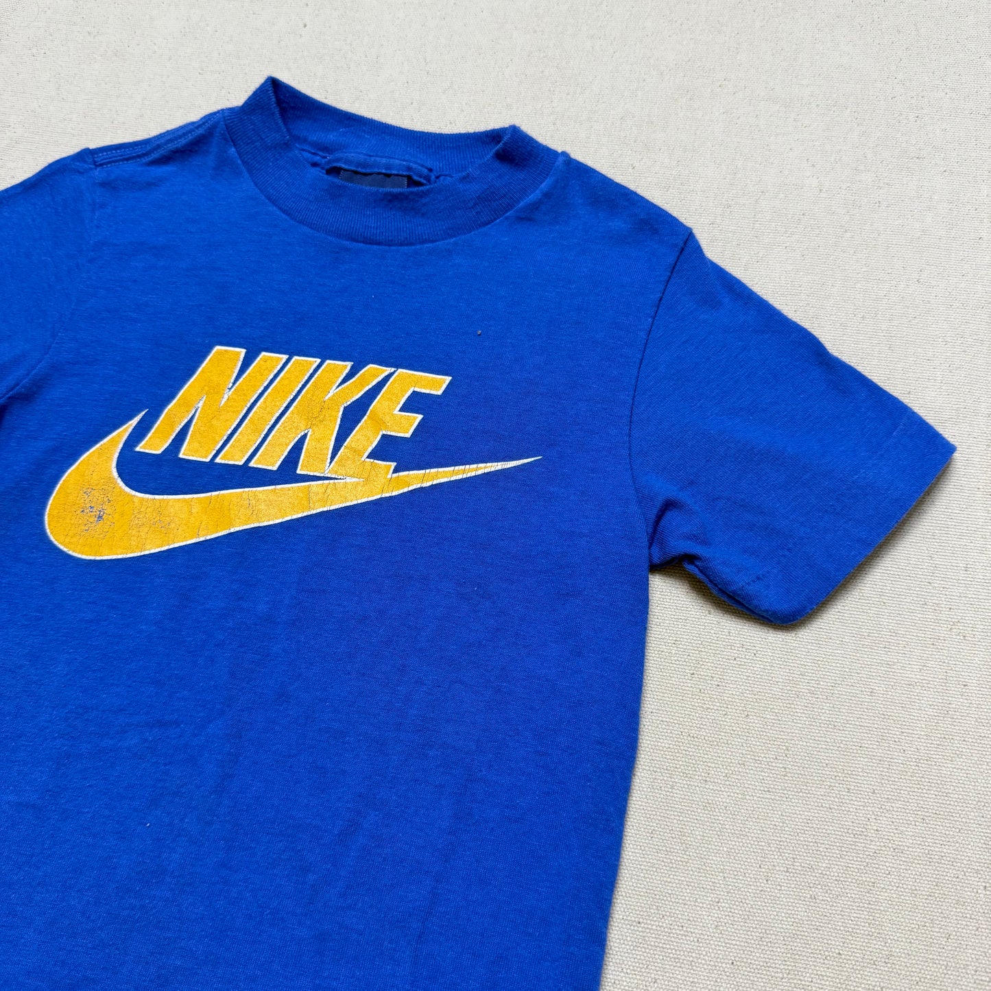 80s Kids Toddler Vintage Nike Blue Tag Yellow Big Logo Print Single Stitch Blue Tshirt / 2T 3T 4T / Made in USA