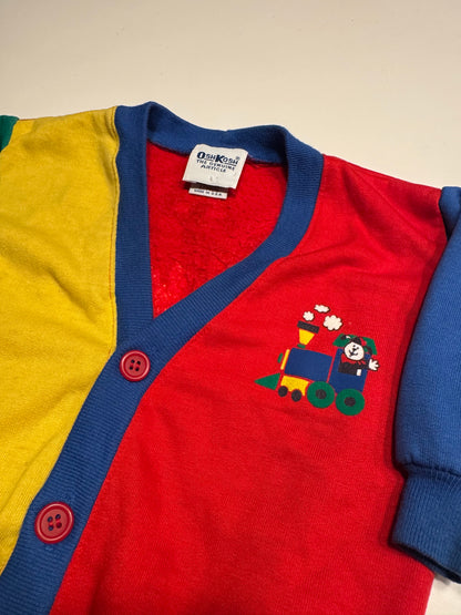 90s Kids Toddler Infant Vintage Baby B’Gosh Oshkosh Multicolour Train Big Print Red Green Yellow Blue Sweat Cardigan //12m / Made in USA