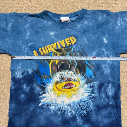 90s Kids Vintage Universal Studios I Survived Jurassic Park Glow In the Dark Print Blue Tie Dye Single Stitch Short Sleeve 100% Cotton T-Shirt M 5Y 6Y