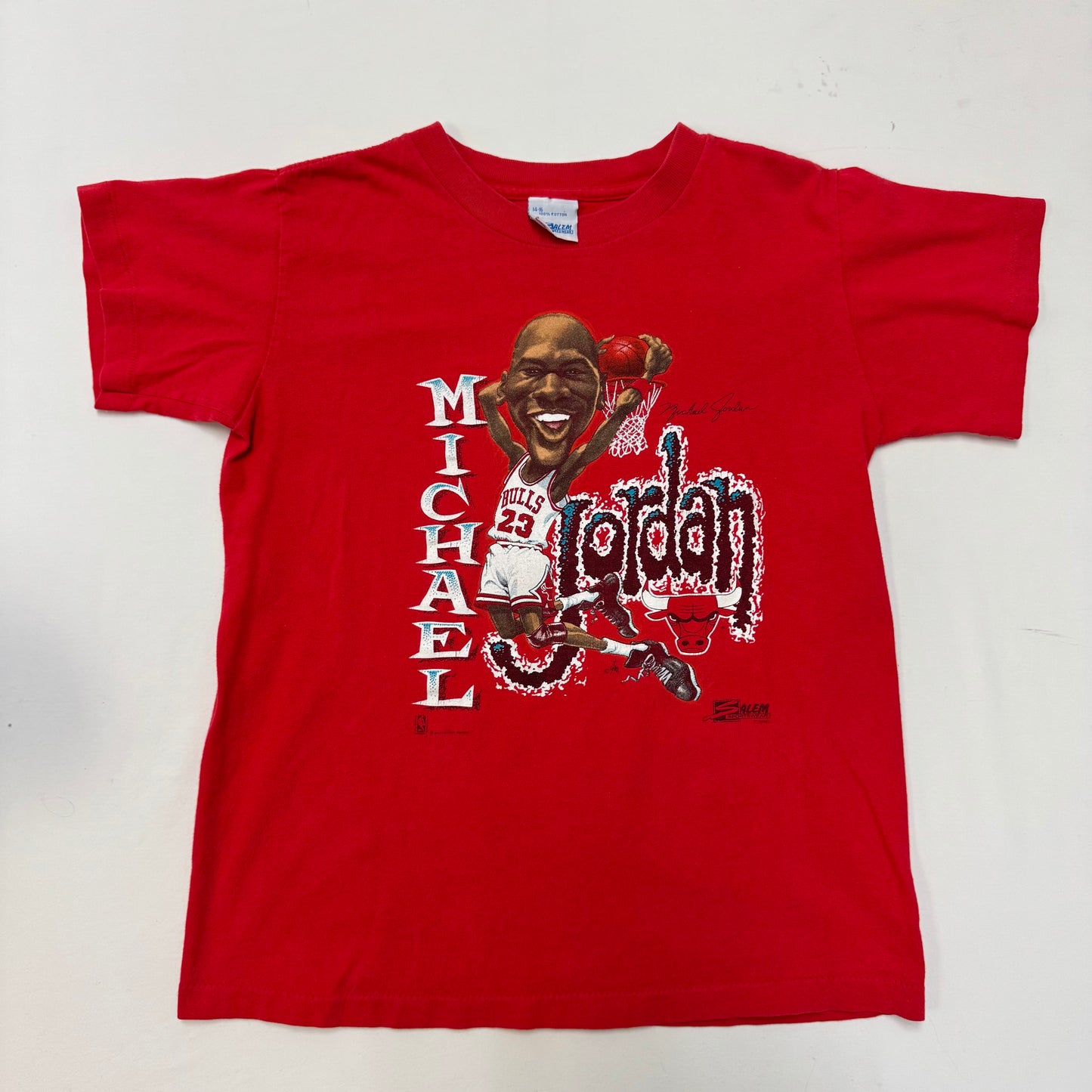 1990 Kids Vintage Michael Jordan Dunk Cartoon NBA Chicago Bulls Red Single Stitch Short Sleeve T-Shirt 14Y 16Y