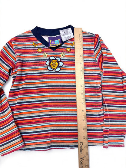 90s Kids Vintage Disney Pooh Multicolour Striped Long Sleeve V Neck Stretchy Shirt With Embroidery