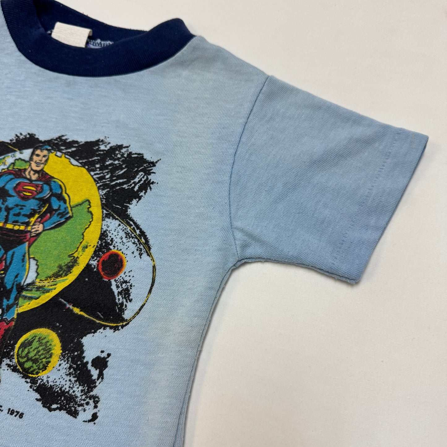 70s Kids Toddler Vintage DC Comics Superman Light Blue Short Sleeve Single Stitch Sears T-Shirt 4/5Y