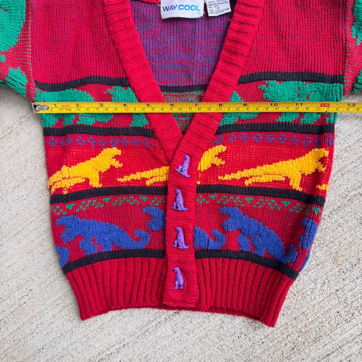 80s 90s Kids Toddler Vintage Multicolour Dinosaur Way Cool Cardigan Dino Buttons 2T