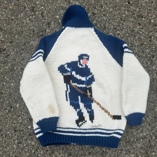 Vintage Kids Youth White Knit Zip Hockey Character Cowichan Sweater 8Y 9Y 10Y