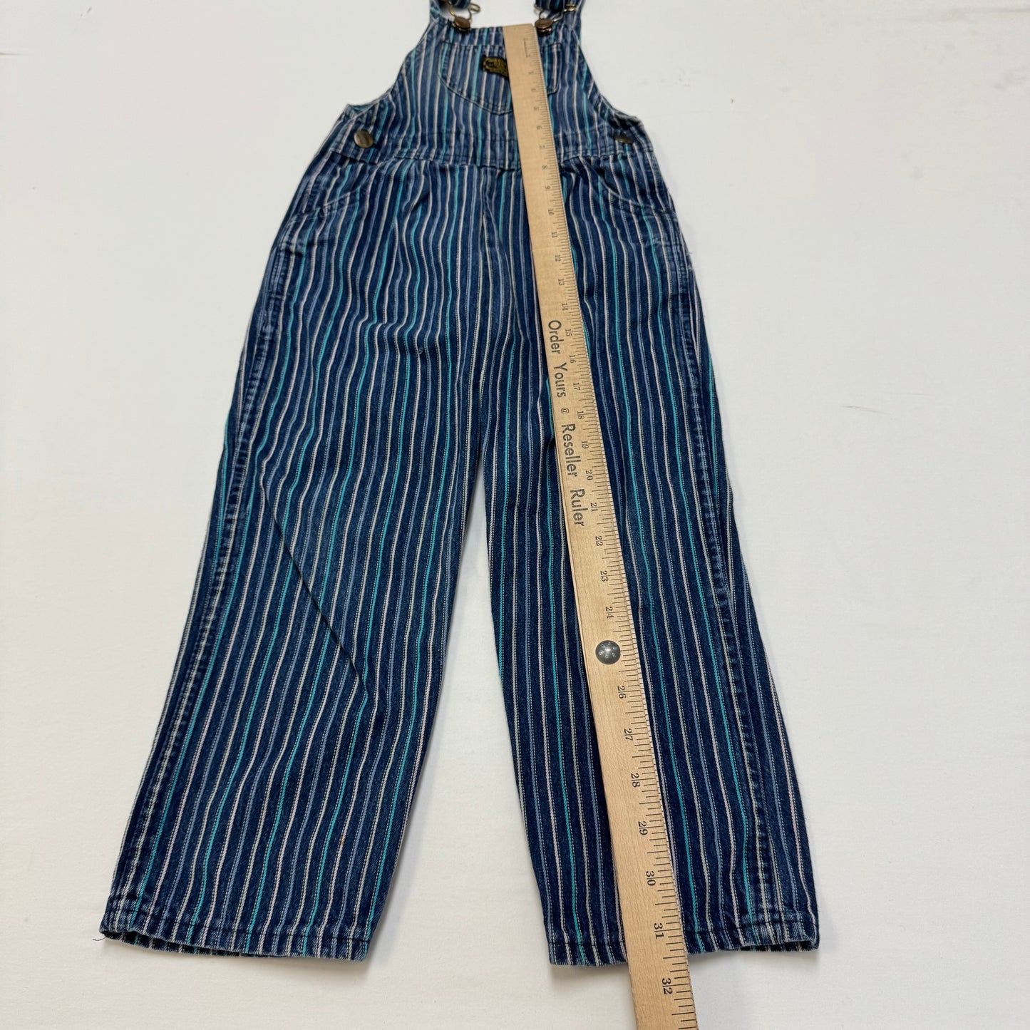 70s Kids Vintage Washington Dee Cee Sanforized Blue Denim Long Pant Striped Overalls With Adjustable Straps 6Y Made in USA