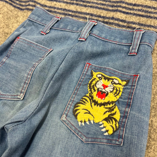 Vintage Kids 80’s Sears Denim Pant with Back Pocket Tiger Embroidery Size 10Y