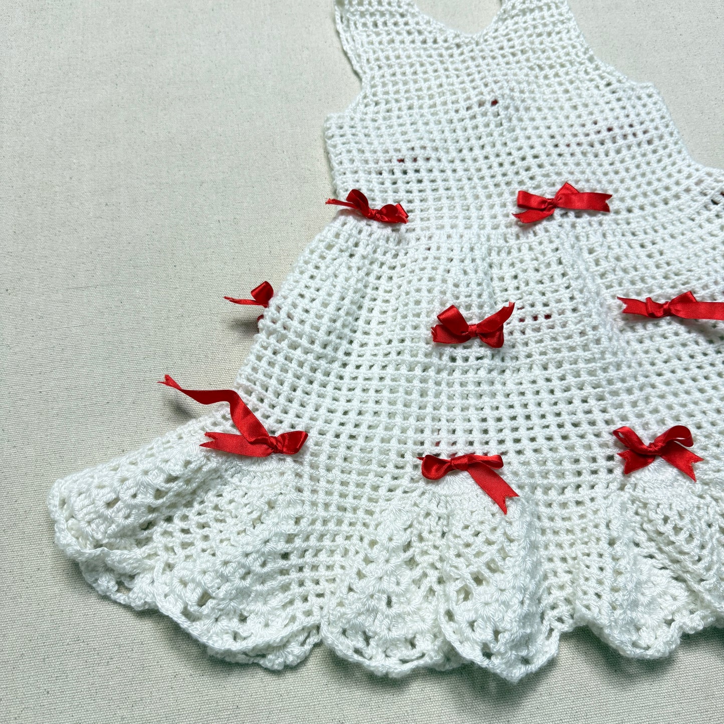 Kids Toddler Vintage Handmade Crochet Knit Removable Ribbons Design Dress / 3T 4T