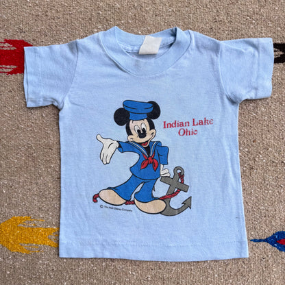 80s 90s Kids Baby Toddler Vintage Walt Disney Mickey Mouse Sailor Indian Lake Ohio Souvenir Print Short Sleeve Single Stitch Light Blue T-Shirt S 18M 24M 2Y Made In USA