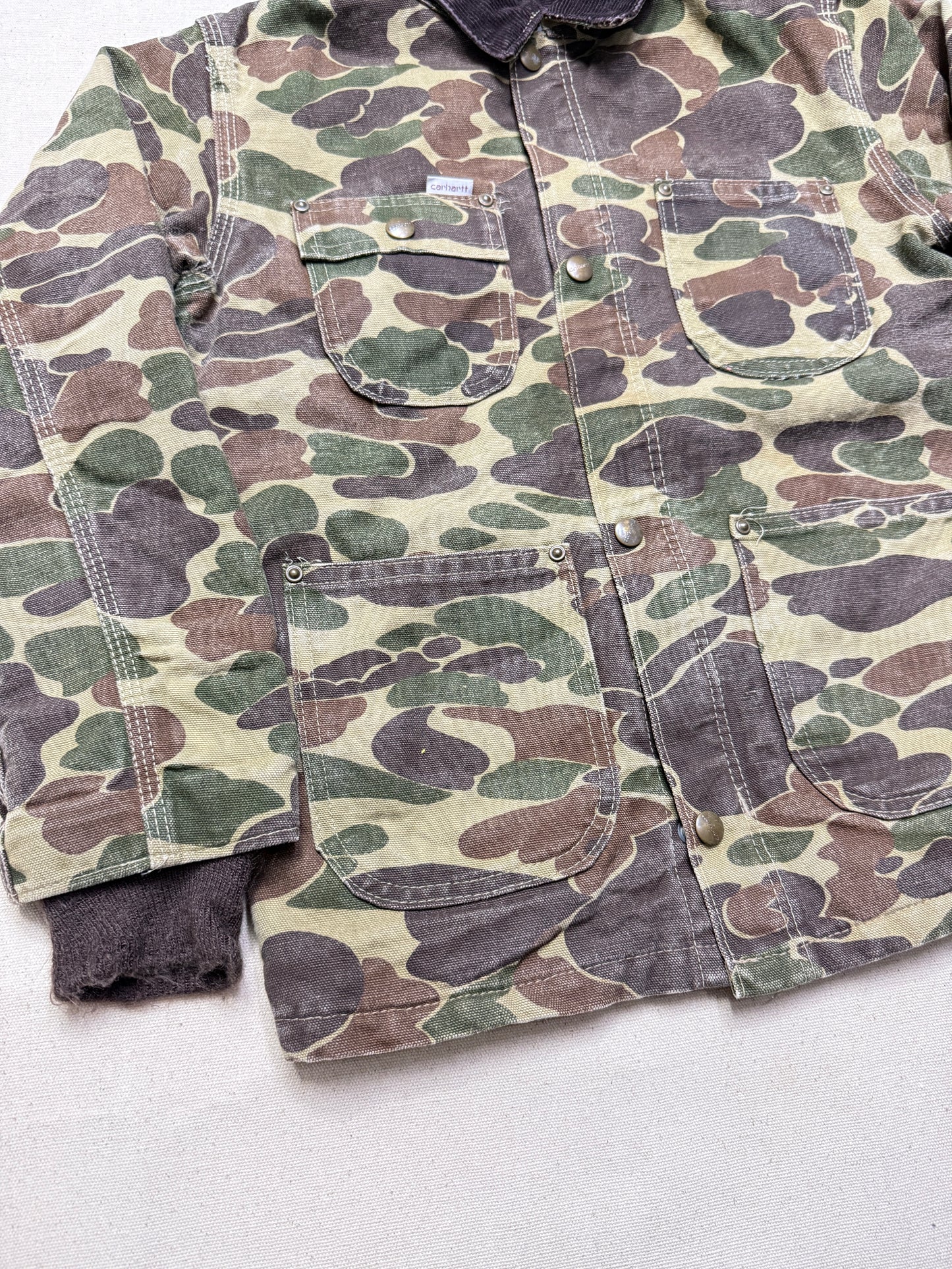 80s Kids Youth Vintage Carhartt Rare Duck Hunting Camo Corduroy Collar Quilt Lined Jacket / 7y 8y 9y