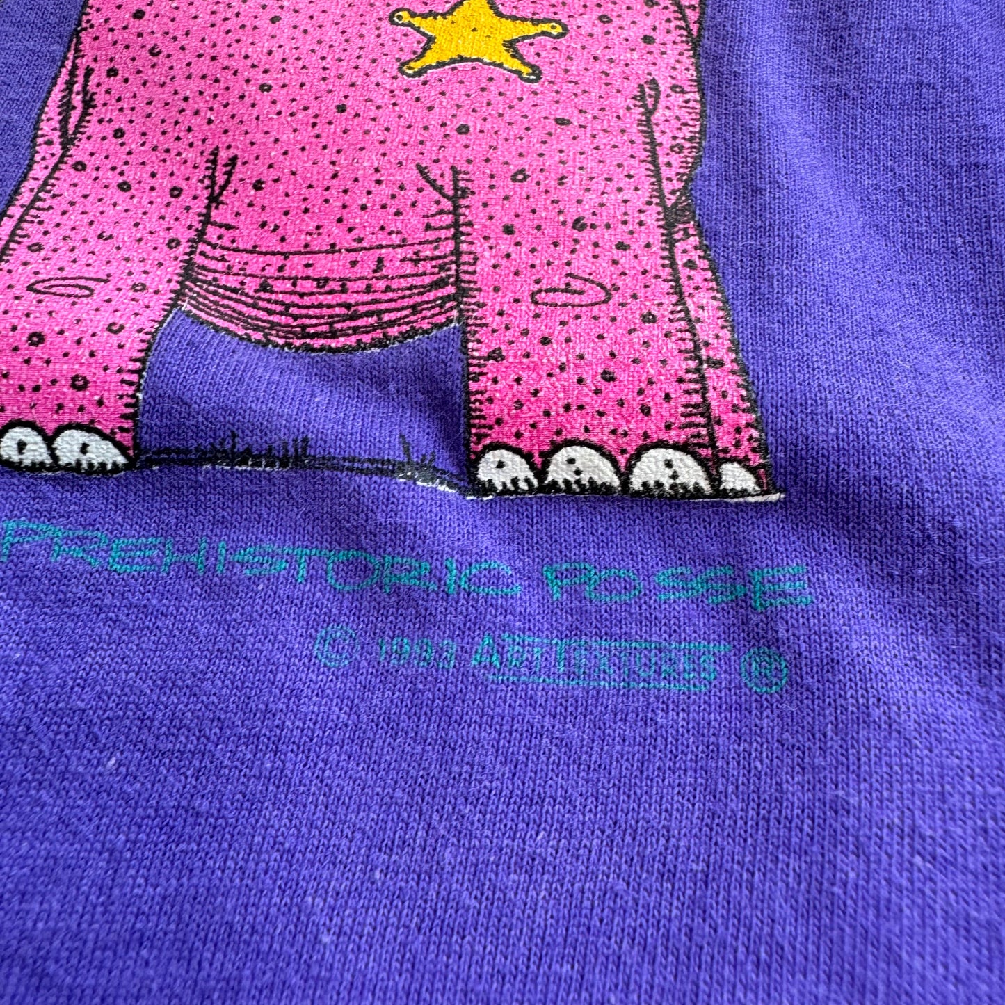 90s 1993 Kids Youth Vintage Prehistoric Posses Dinosaur 50/50 Purple T-Shirt 7Y 8Y 9Y Made in USA