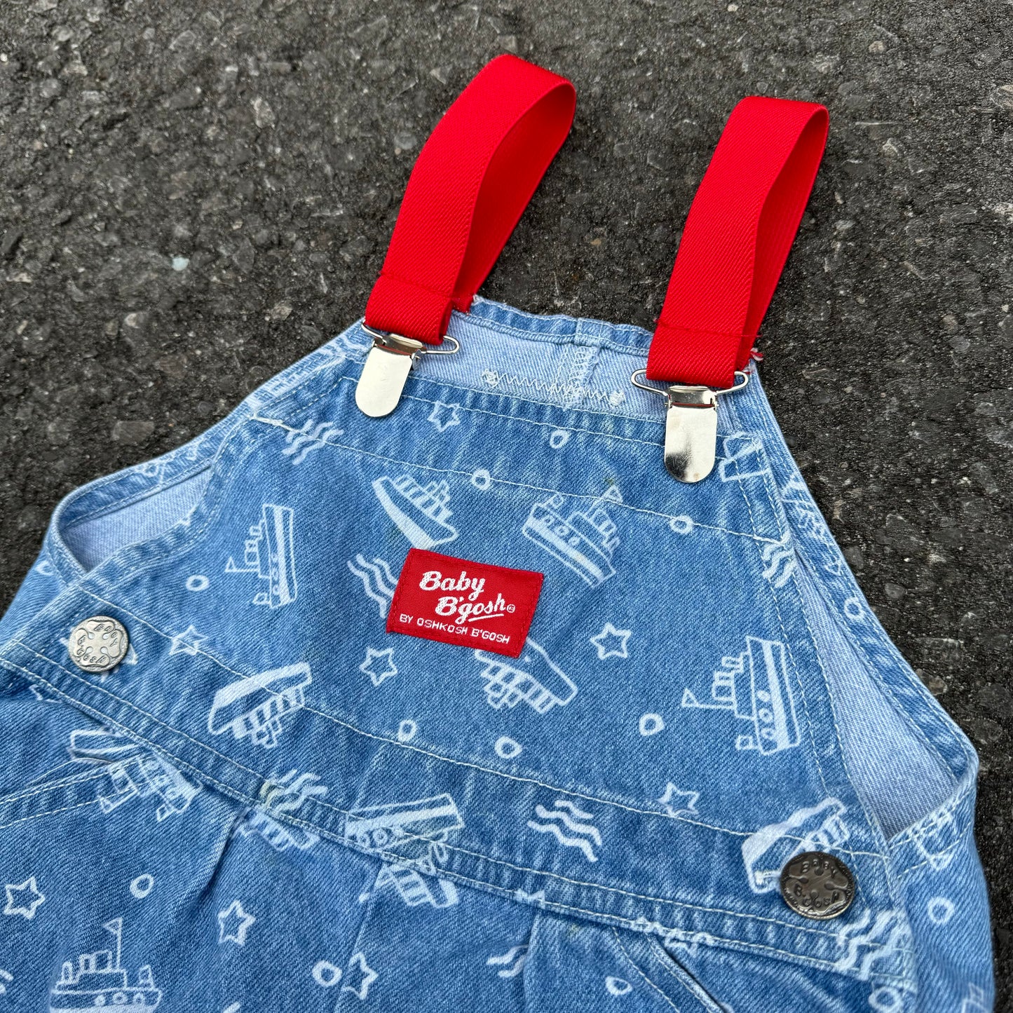 Vintage Kids Oshkosh Denim Sailboats Shortalls With Elastic Shoulder Straps( Suspender) 6/9mns