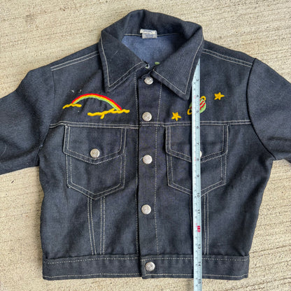 80s Kids Toddler Vintage Dark Denim Snap Double Pocket Long Sleeve Jacket With Cute Embroidered Patches Front And Back 4Y 5Y