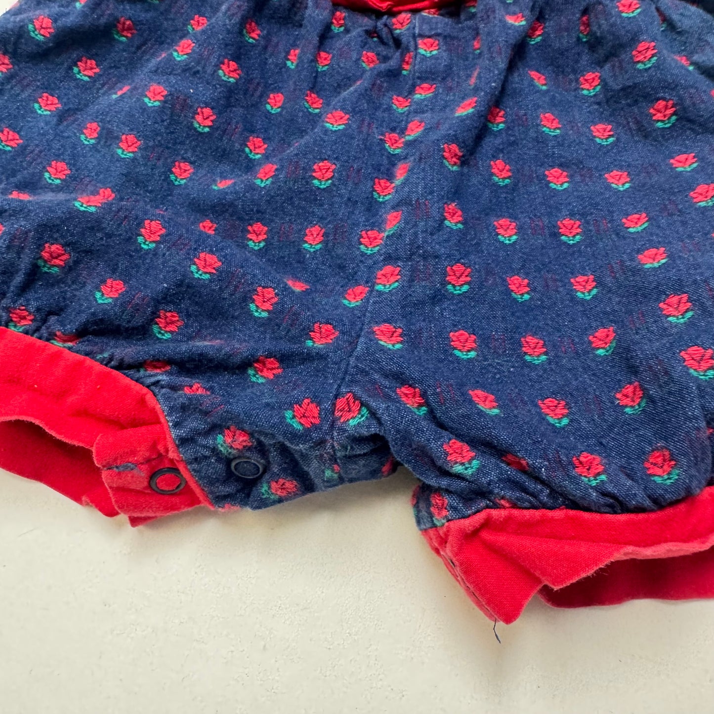 90s Kids Toddler Infant Vintage Baby B’Gosh Oshkosh Criss Cross  Dark Denim Red Flower Print AOP Romper //2T / Made in USA