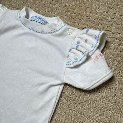 90s Kids Toddler Infant Vintage Baby B’Gosh Oshkosh 2 Piece Set Turquoise Overall White Ruffle T-shirt With Floral Accents /6m 9m / Made in USA