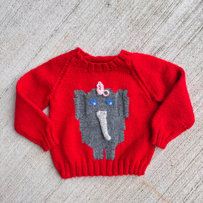 Baby Toddler Vintage Elephant Hand Knit Red Pullover Sweater 18mns 2Y