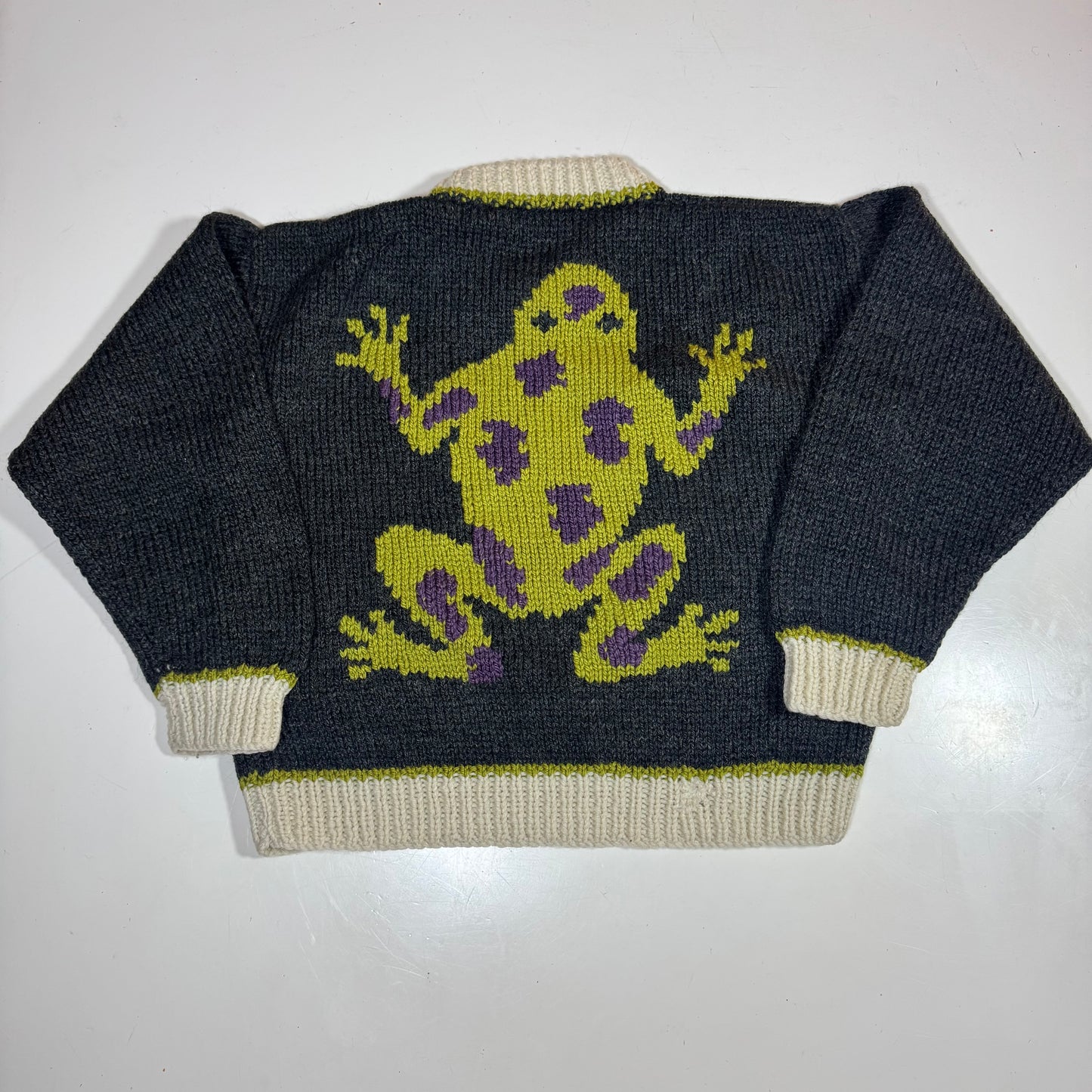 Kids Toddler Vintage Hand Knit Pullover Dark Gray AOP Cute Frogs Print 4Y 5Y 6Y