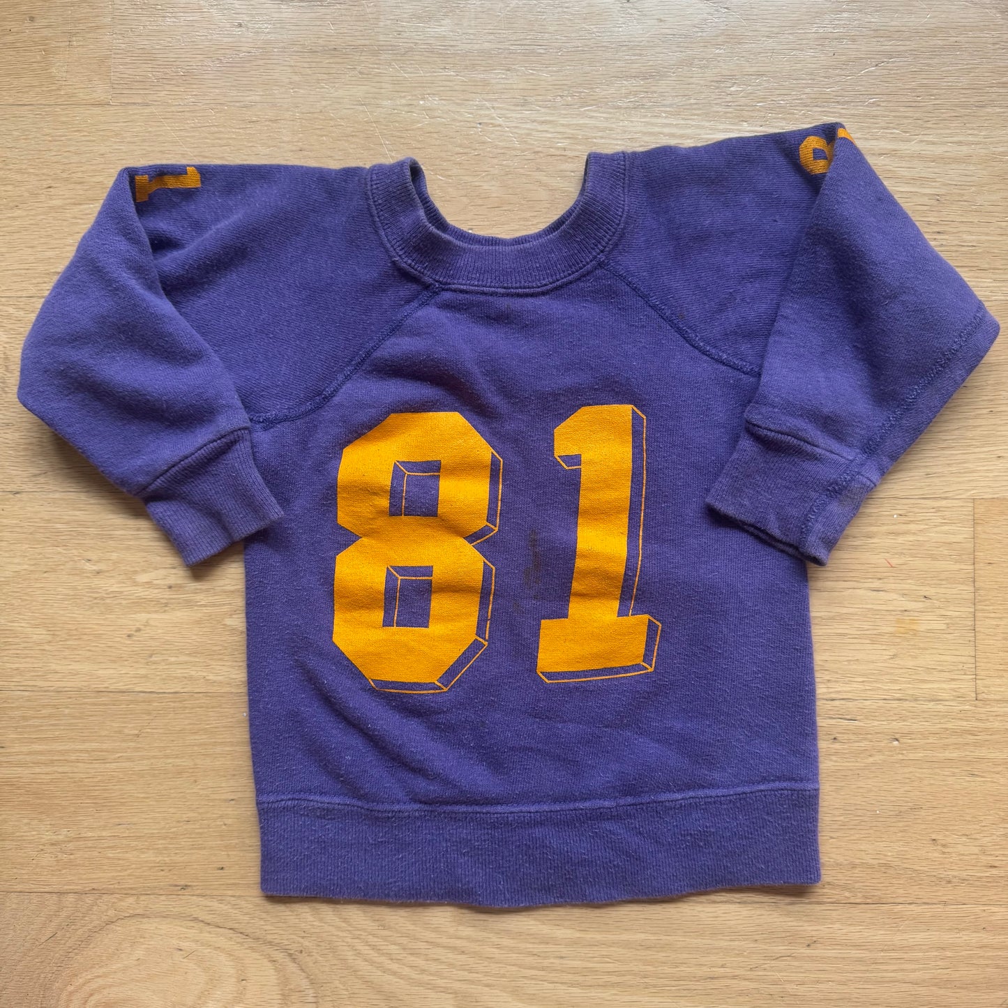 70s 80s Kids Toddler Vintage Purple Long Sleeve Crew Pullover Yellow 81 Print Front and Back and Sleeves 2T 3T 4T