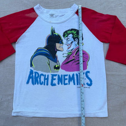 80s Kids Vintage DC Comics Batman Joker Arch Enemies Raglan 3/4 Sleeve White/Red Shirt 7Y 8Y Made in USA