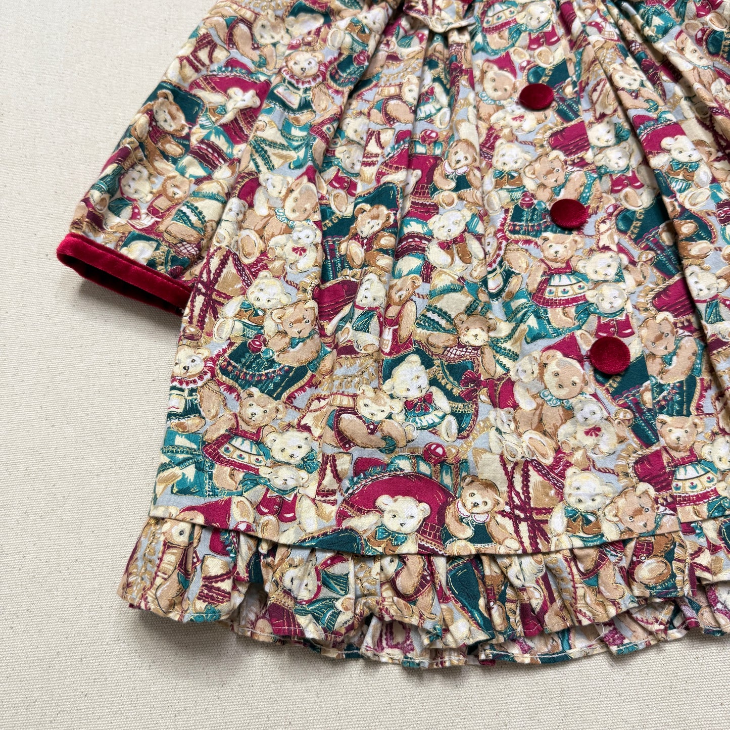 80s 90s Kids Toddler Vintage Teddy Bear AOP Christmas Pattern Velvet Round Collar Dress / 24m 2T   dress