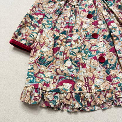 80s 90s Kids Toddler Vintage Teddy Bear AOP Christmas Pattern Velvet Round Collar Dress / 24m 2T   dress