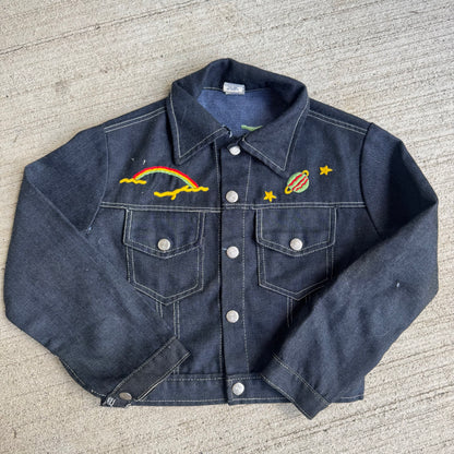 80s Kids Toddler Vintage Dark Denim Snap Double Pocket Long Sleeve Jacket With Cute Embroidered Patches Front And Back 4Y 5Y