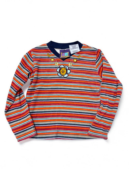 90s Kids Vintage Disney Pooh Multicolour Striped Long Sleeve V Neck Stretchy Shirt With Embroidery